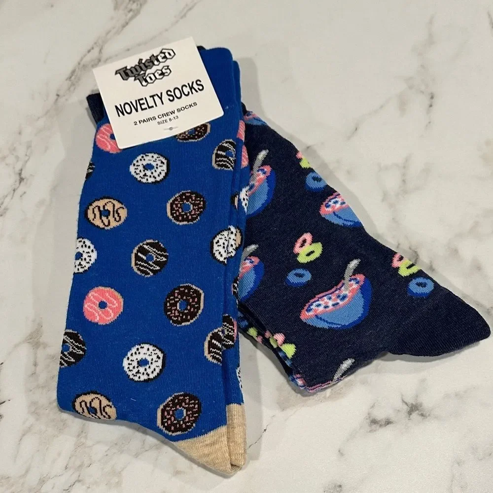 Twisted Toes Crew Socks Mens 8-13 NEW 2 Pair Donuts Milk & Cereal Novelty Socks